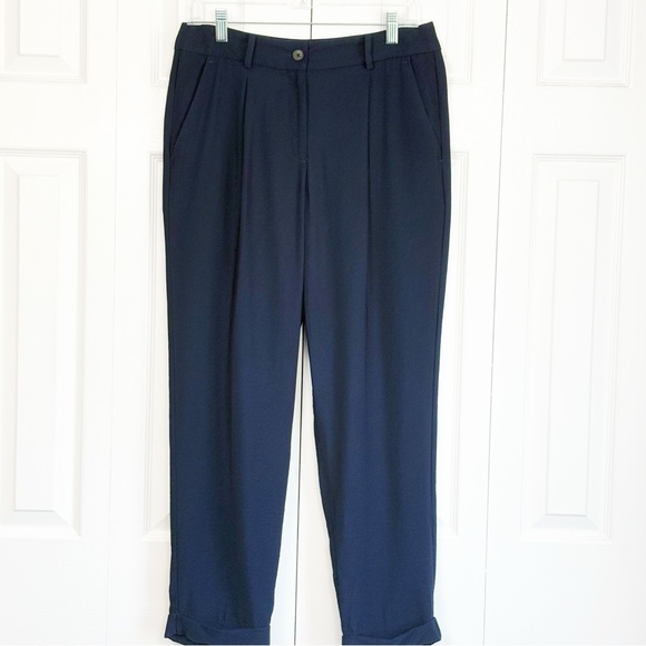 NWT Loft Navy Blue Pleated High Rise Tapered Leg Cuffed Crop Pants 4 - Picture 1 of 16